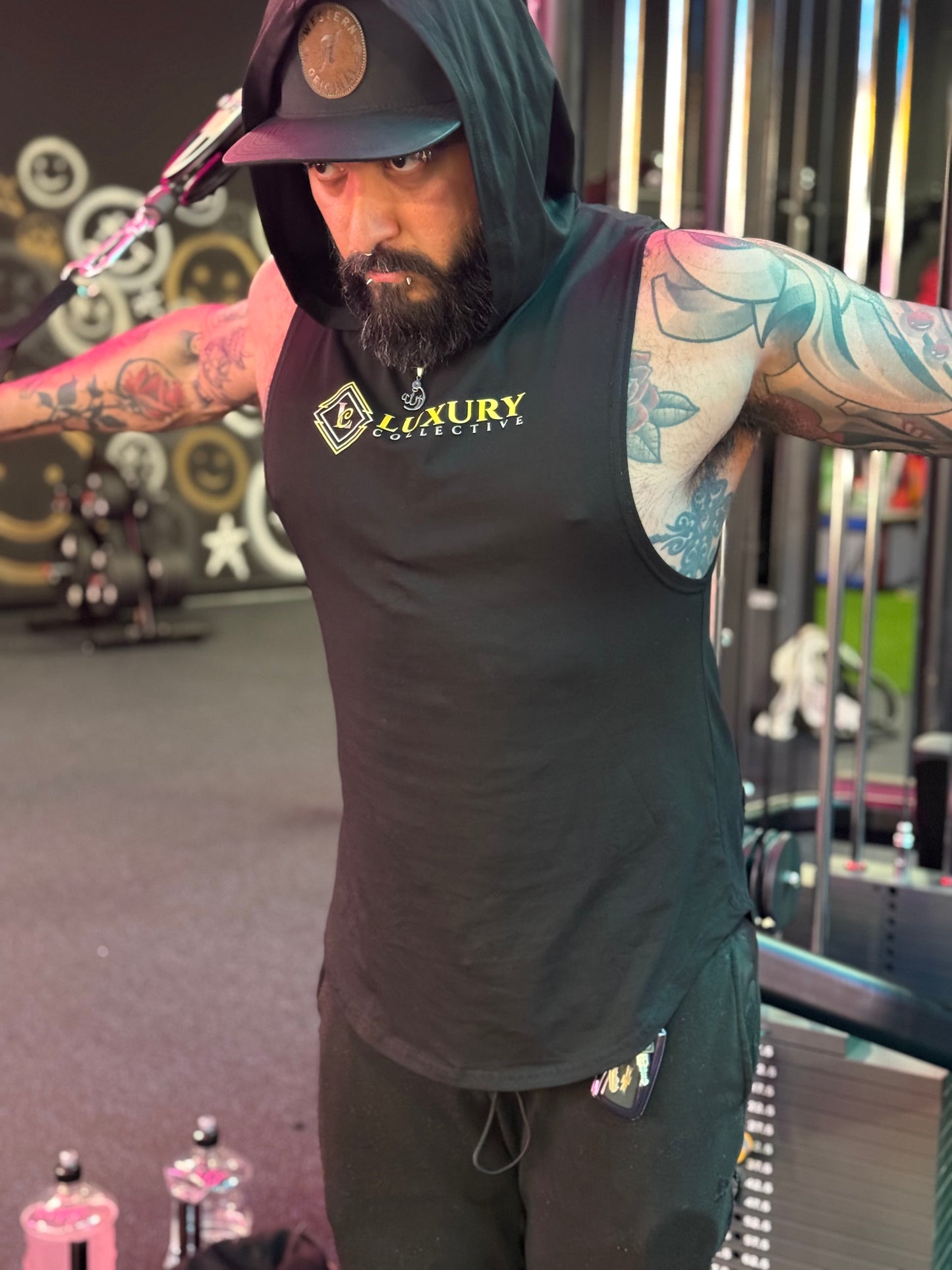 Luxury Collective Gym Black Summer Muscle Shirt Hoodie with Back Lion Graphic Design