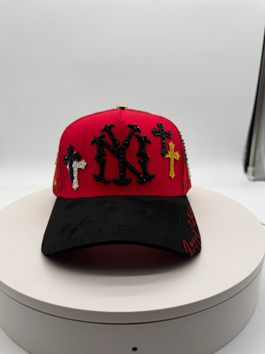 NY RED Chrome Rhinestones Mesh Hat