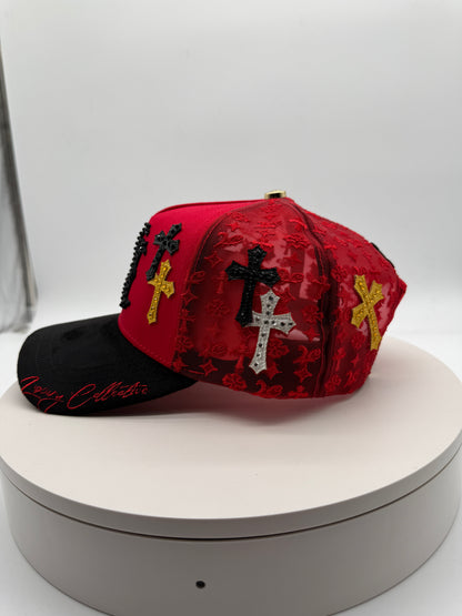 NY RED Chrome Rhinestones Mesh Hat