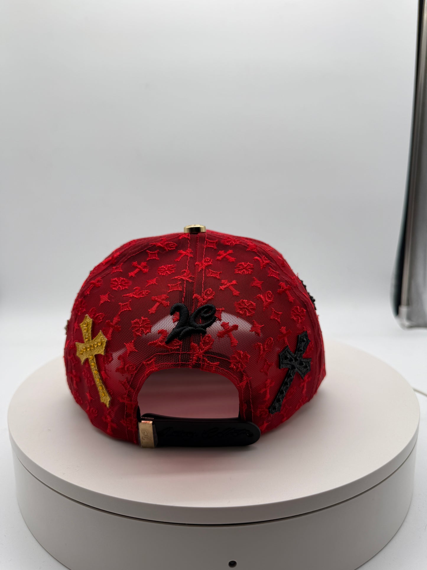 NY RED Chrome Rhinestones Mesh Hat