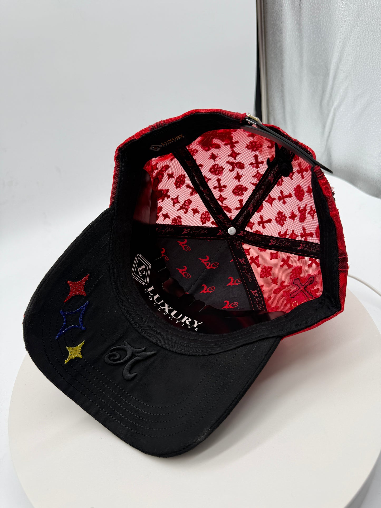 NY RED Chrome Rhinestones Mesh Hat