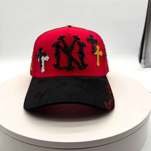 NY RED Chrome Rhinestones Mesh Hat